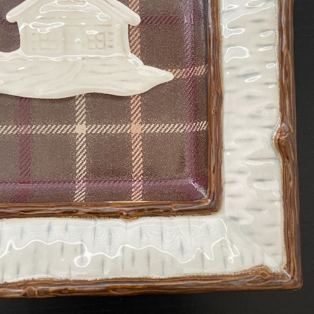 Homestudio Lake Cabin Dinner Plate Square Plaid Rustic Embossed Stoneware 11" - Picture 6 of 13